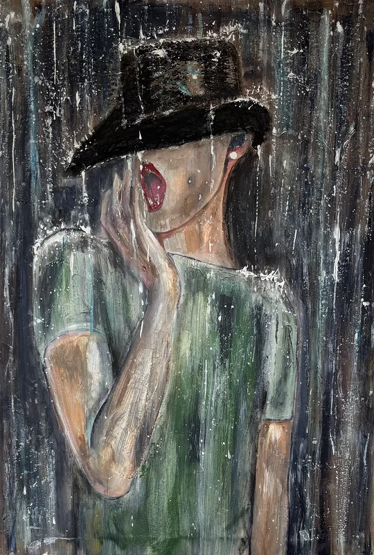 Akrylmålning Taste the rain Abstrakt porträtt akrylmålning på duk av Donna Lee Johansson
