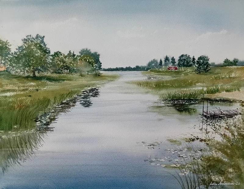 Akvarell Ån mellan Bollsjön och Bäsingen av Lotta Andersson