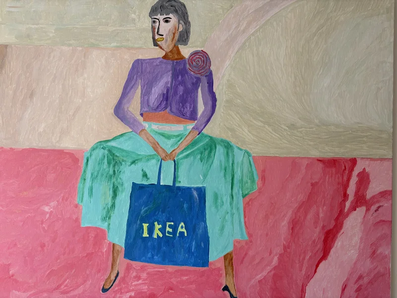 Akrylmålning Girl with IKEA bag av Foey Foey