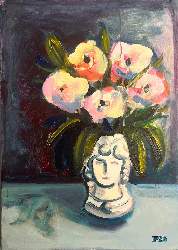 Akrylmålning Sicilylady with flowers av Elisa Pålsson
