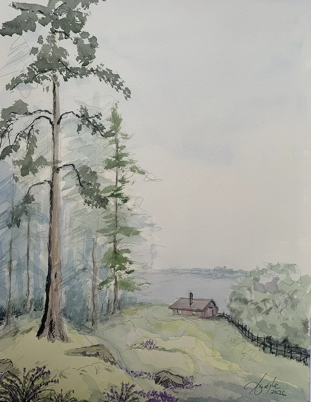 Akvarell Cottage in Hörviken av Carlyle Minnaar
