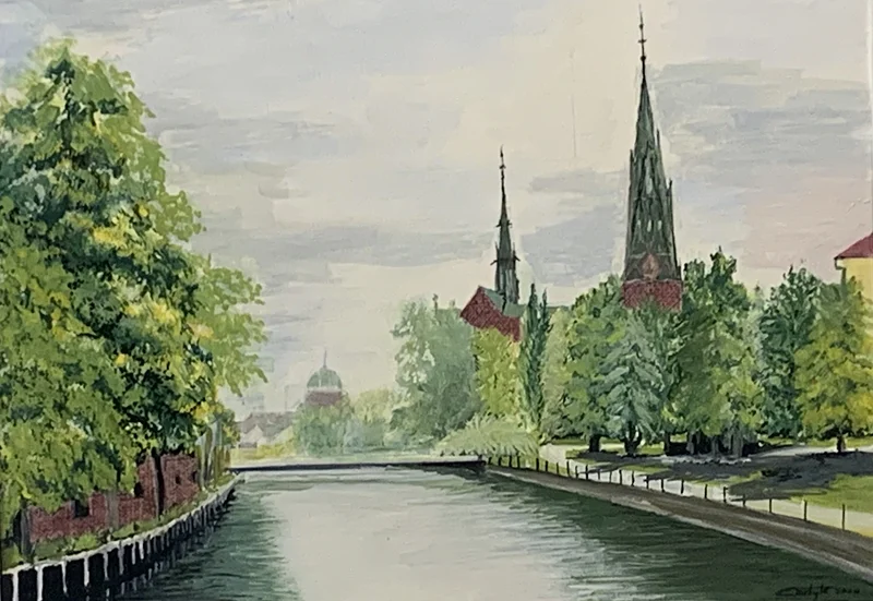 Oljemålning Uppsala Fyrisån av Carlyle Minnaar