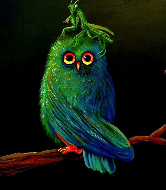 Akrylmålning The owl and The grasshopper av Maria Borgring ( Fd Lindberg)