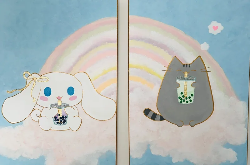 Akrylmålning Cinnamoroll and Pusheen- A boba love av Jenna Bergfors