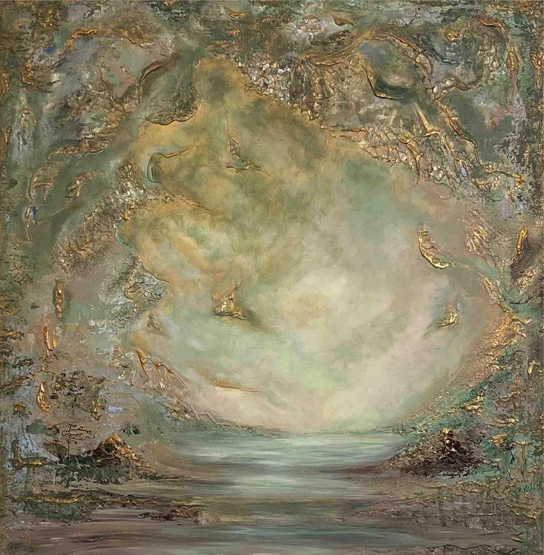 Akrylmålning Lux ex caelo viridi av Jael Vallin