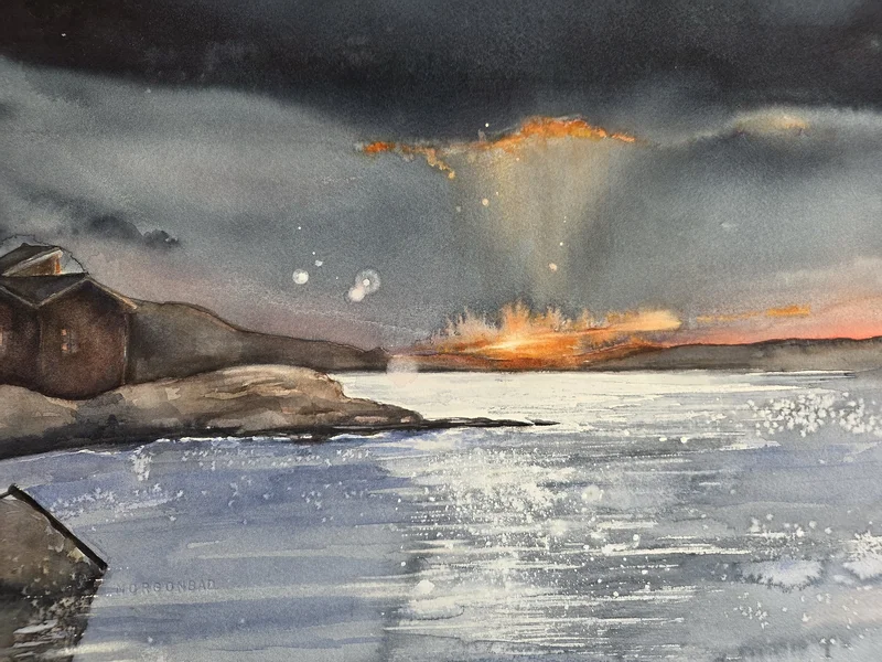 Akvarell Morgonbad, Flöjten-Smögen av Molly, Monika Hellgren