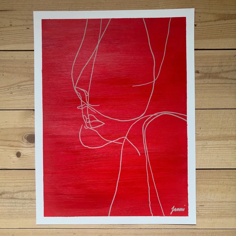 Akrylmålning Between lines (The Red Edition) av Jenni Borg