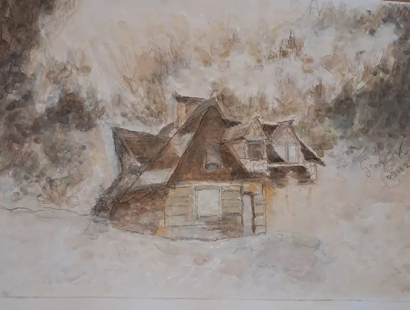 Akvarell Akvarell ,  Hus i vintermotiv ,, av Georgios Voutsas
