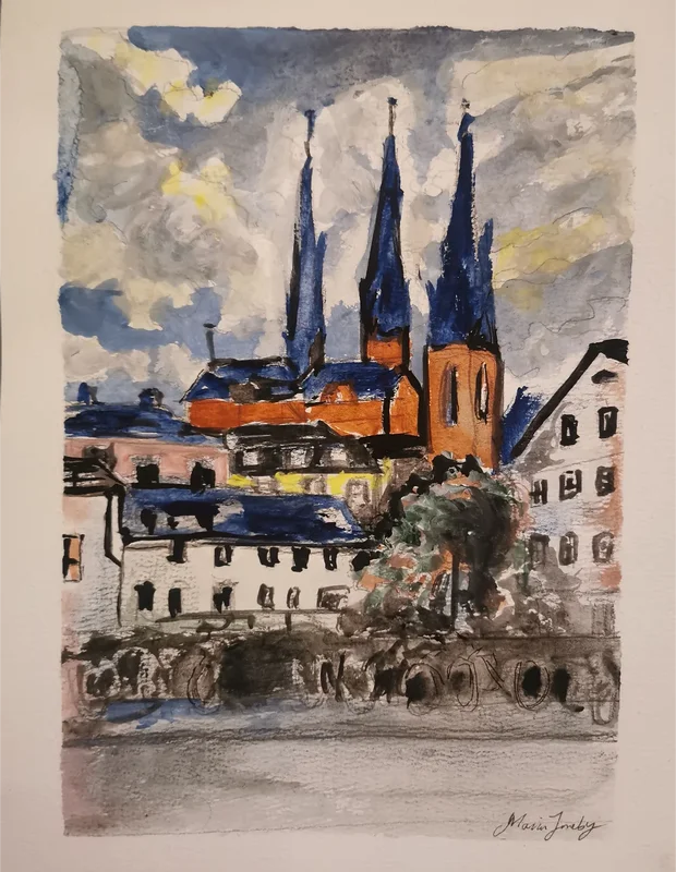 Akvarell Uppsala domkyrka. av Maria Joneby
