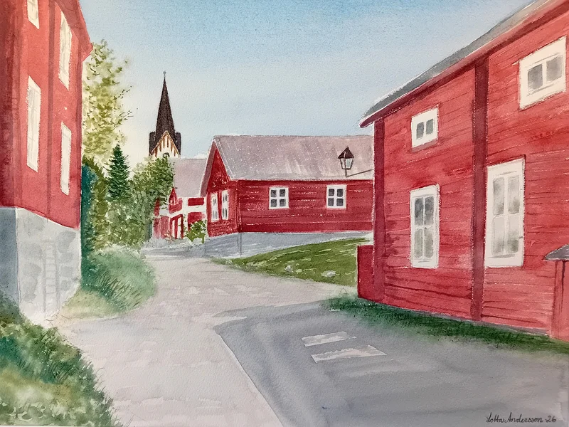 Akvarell Solig sommardag i Gamla byn, Avesta av Lotta Andersson