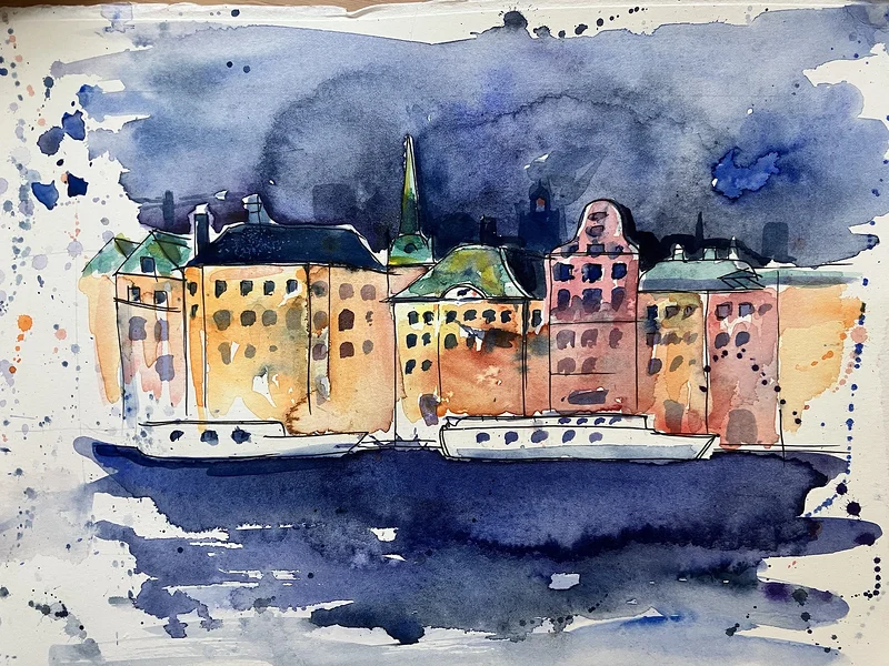 Akvarell Åskväder i Gamla Stan av Olesia Volkova