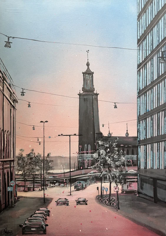 Akrylmålning Stadshuset no.7 av Matilda Skoglund