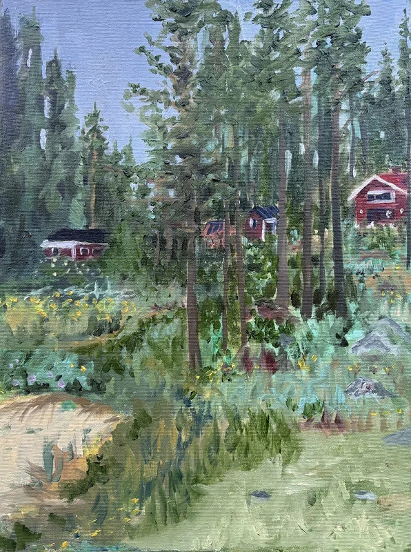 Oljemålning Stenviken stugan July av Zachary Dugas