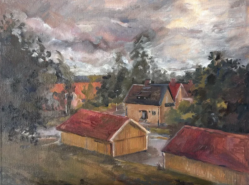 Oljemålning Landscape with rabbit, Nässjö, Sweden av Evgenia Shastina