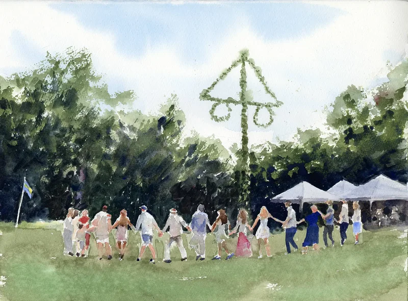 Akvarell Midsommardans av Bea Carlsson