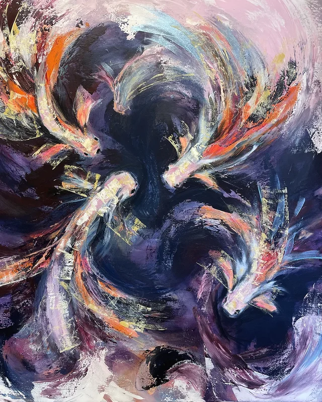 Akrylmålning Fische. "Dancing under Water" (lila-orange) av Ulrike Nordquist