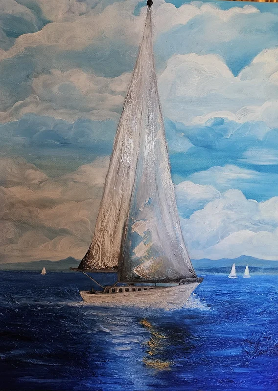 Oljemålning Segelbåt I den blåa havet av Stefani Miletic