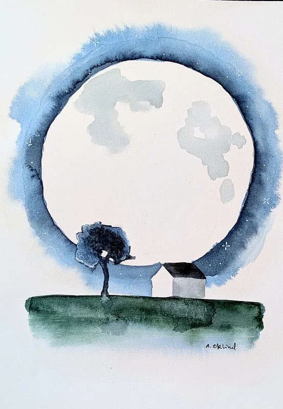 Akvarell House and Moon av Annika Eklind