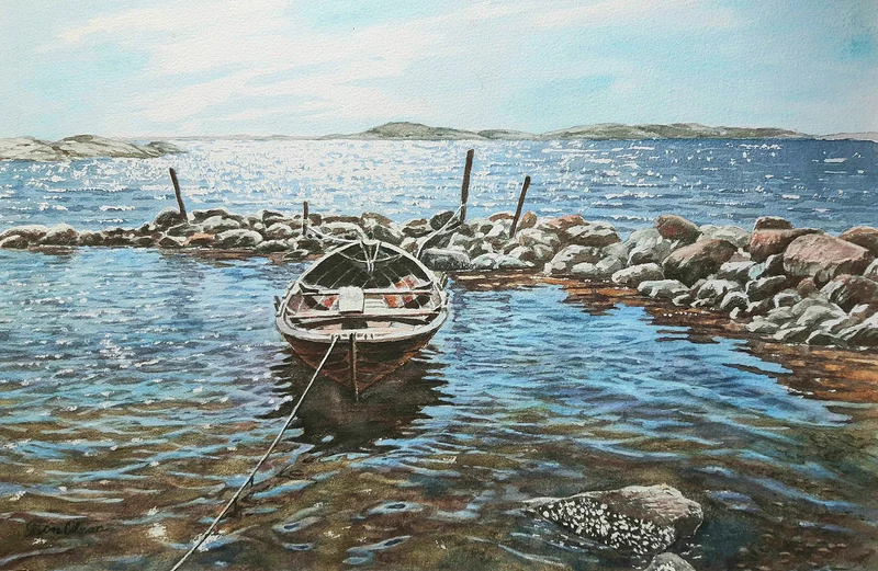 Akvarell Ensam roddbåt vid den glittrande skärgården av Reine Olsson