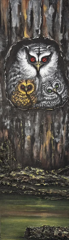 Akrylmålning The Owl family av Anne E Svensson