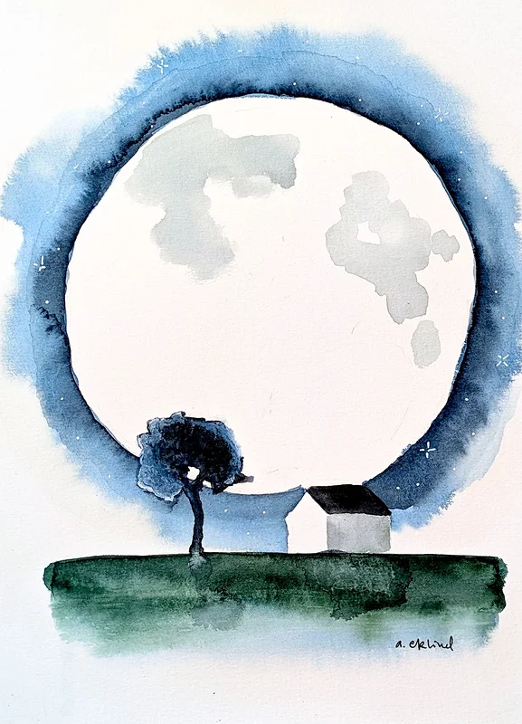 Akvarell House and Moon av Annika Eklind