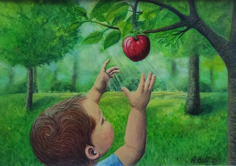 Akrylmålning Boy with Apple av Anastasia Ball