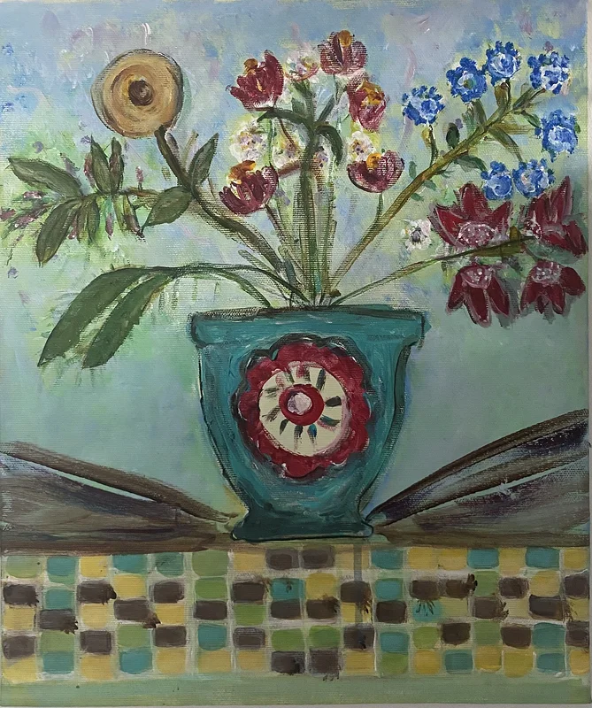 Akrylmålning Blommor i turkos kruka av Karina Sommarström
