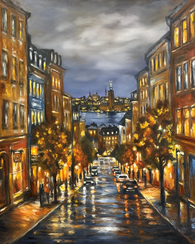 Oljemålning Stockholm After Dark av Marit Stjernberg