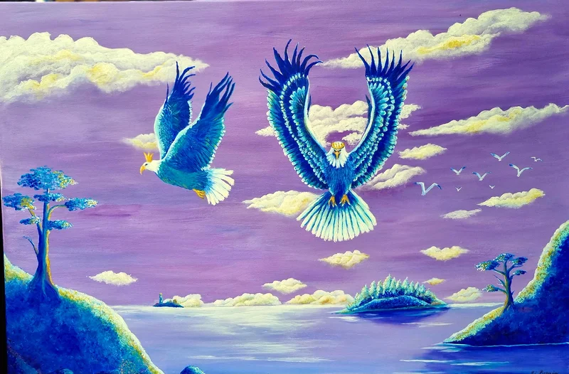 Akrylmålning Royal Eagles and purple sky av Maria Borgring ( Fd Lindberg)
