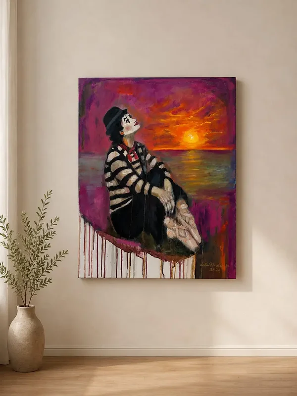 Oljemålning Mimkonstnären och havet av Lola Amethyst