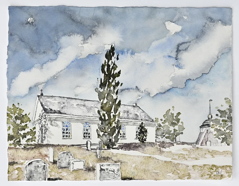 Akrylmålning Kyrkan, Blidösund av Cécile Hansson