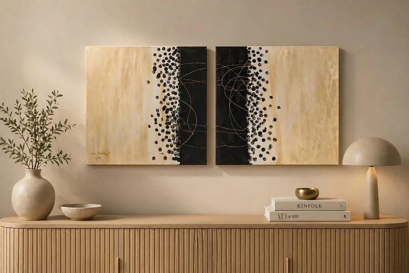 Akrylmålning Original Abstrakt Diptyk - Modern Minimalistisk Konst  Beige Svart Guld av Lola Amethyst