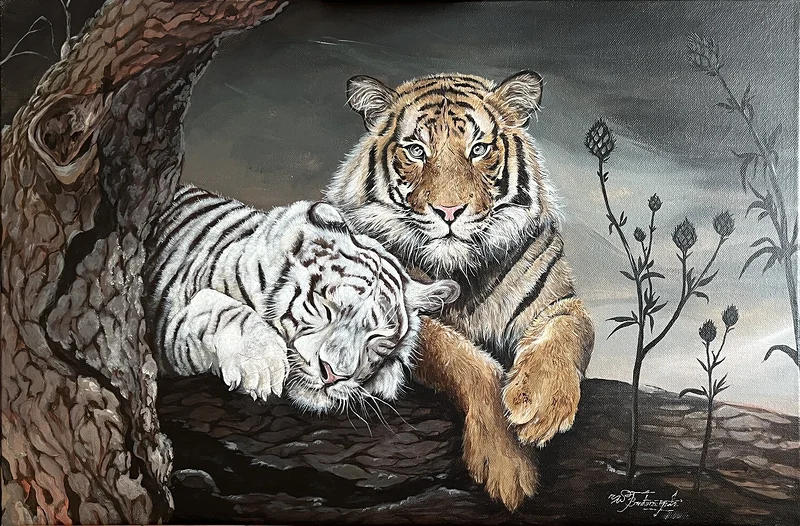 Akrylmålning Tiger couple av Hasini Bandaranayake