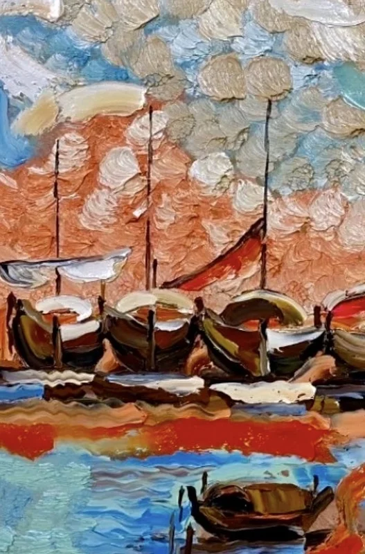 Oljemålning BN CHIU . (Evening Wharf) av Maj Trang Olson Olson