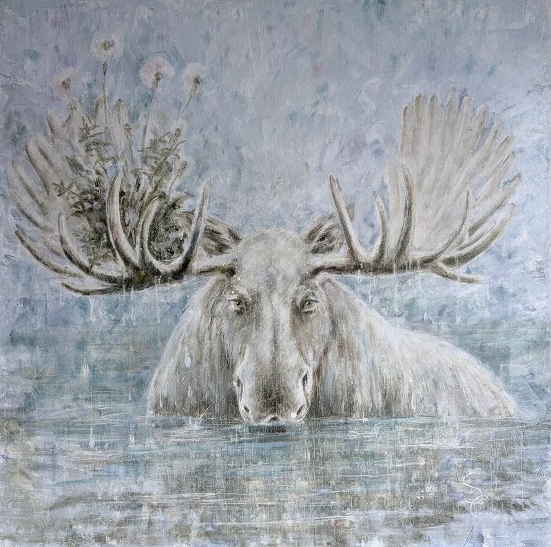 Oljemålning Vild juli: Vit älg med maskrosor av Selene Caspian