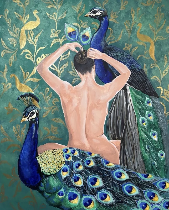 Akrylmålning Peacock and She av Azad Rustamov