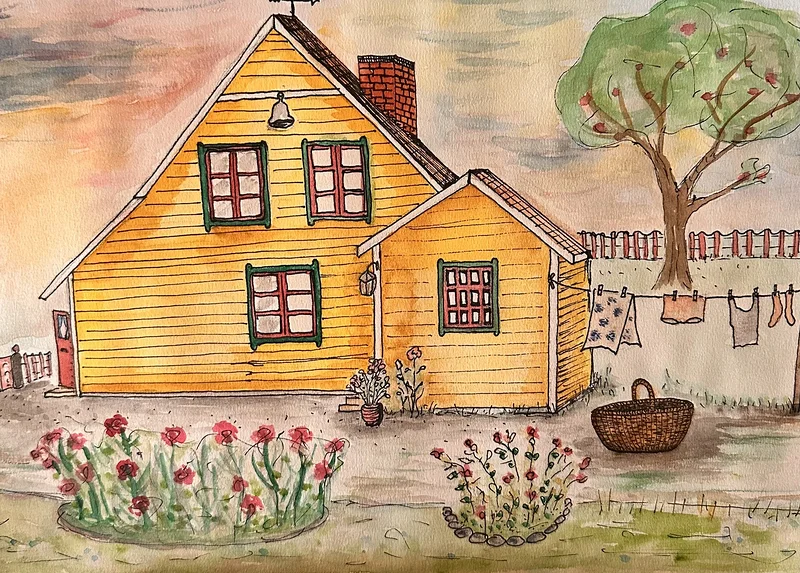 Akvarell Det gula huset av Agnes Hellström