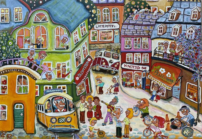 Akrylmålning Vår lille by av Tomas Eriksson