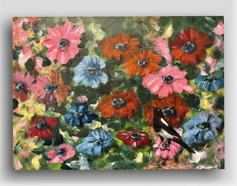 Akrylmålning ~Mitt bland blommorna ~ av Karolina Lohiniva