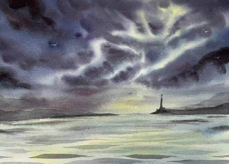 Akvarell Skomvær XXVIII Lofoten Lighthouse av Zakia Khan