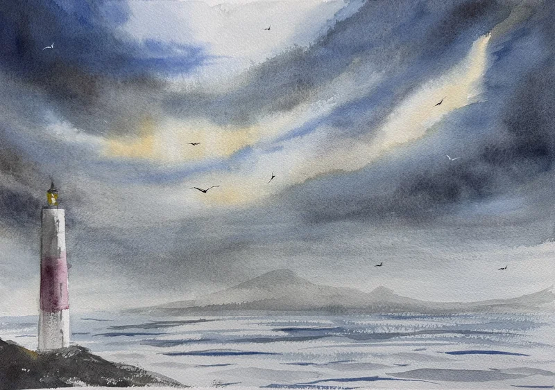 Akvarell Skomvær XXV Lofoten Lighthouse av Zakia Khan