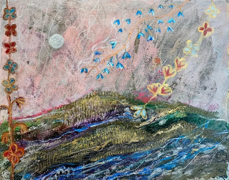 Akrylmålning A pocket of spring winter mountain air av Art By Nina Johansson