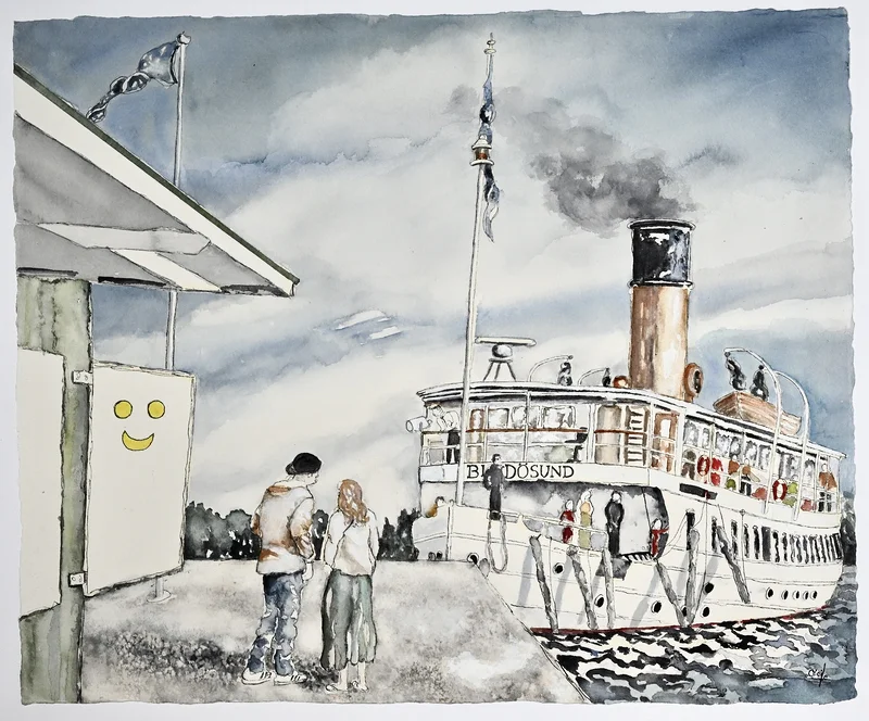 Akvarell Semaforen, Brokholmen, Blidösund av Cécile Hansson