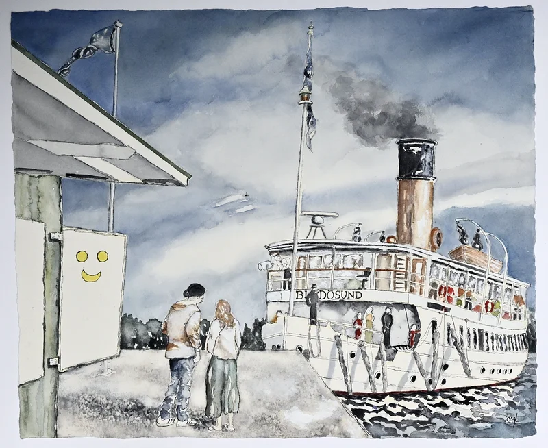Akvarell Semaforen, Brokholmen, Blidösund av Cécile Hansson