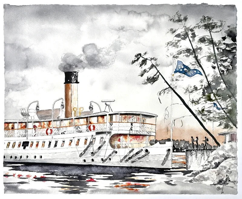 Akvarell Brokholmen nästa, Blidösund, av Cécile Hansson