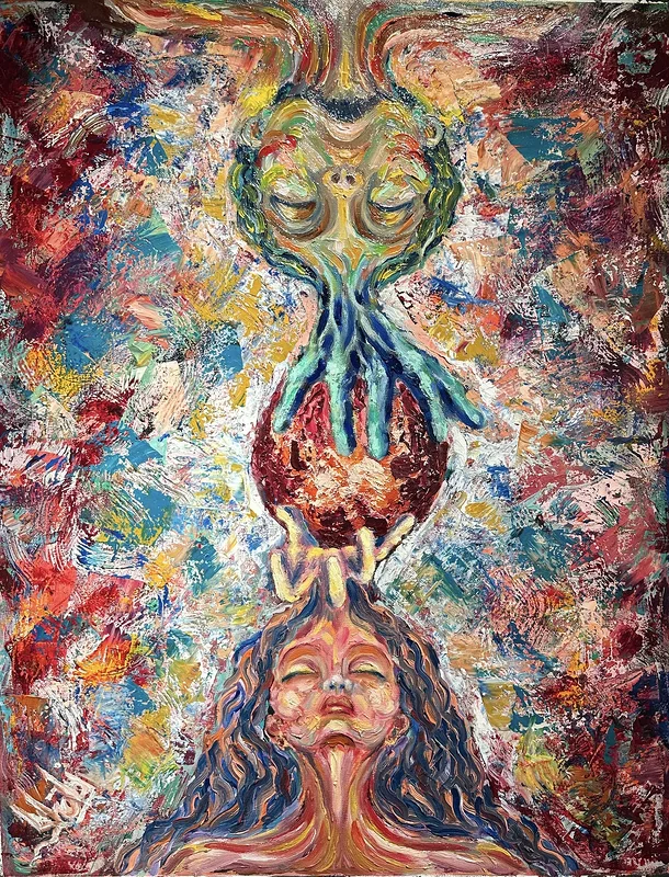 Oljemålning Between worlds av Shabnam Pirzadeh