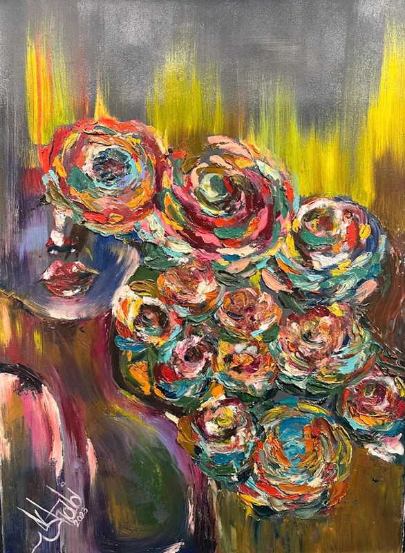 Oljemålning BETWEEN STILLNESS av Shabnam Pirzadeh