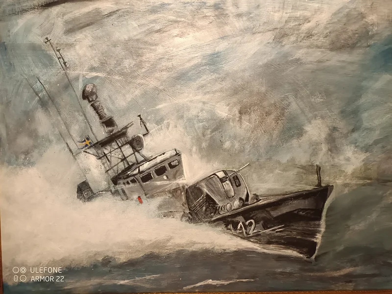 Akrylmålning HMS Ystad av Karolinermålaren Malmgren
