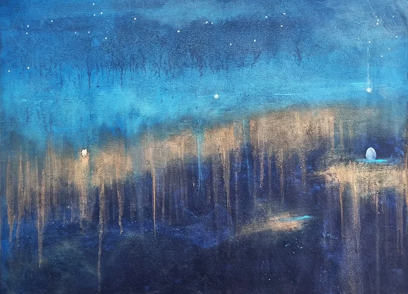 Akrylmålning Befruktelsen eller The Blue Veil av Bibbi Höllinger