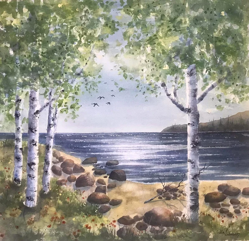 Akvarell Sommar vid havet av Ulla Lidman